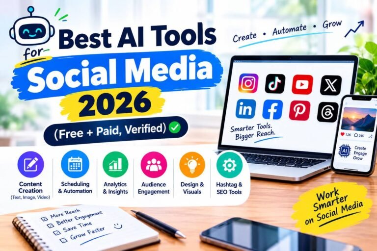 Best AI tools for social media 2026, featuring free and paid AI tools for content creation, automation, analytics, and growth.
