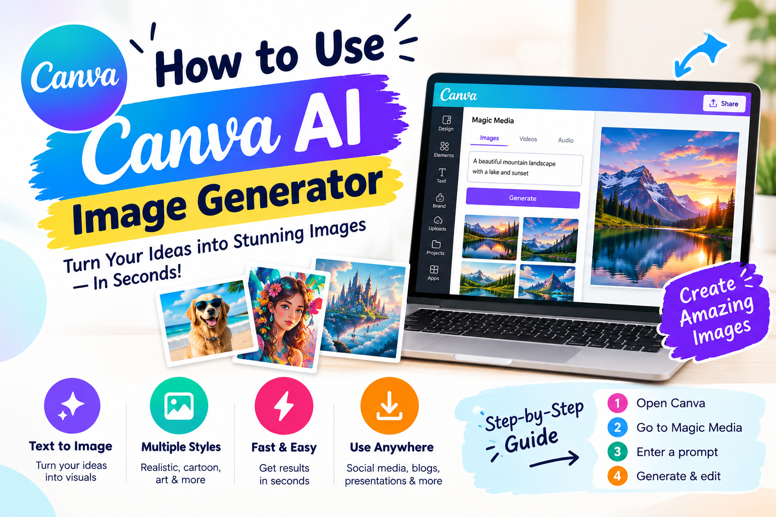 How to use Canva AI Image Generator with Magic Media, prompts, and step-by-step image creation.