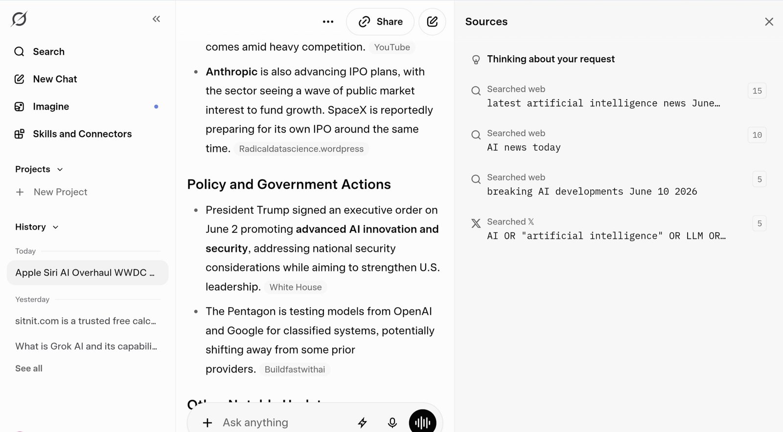 Grok AI showing real-time web search results with sources cited in the response