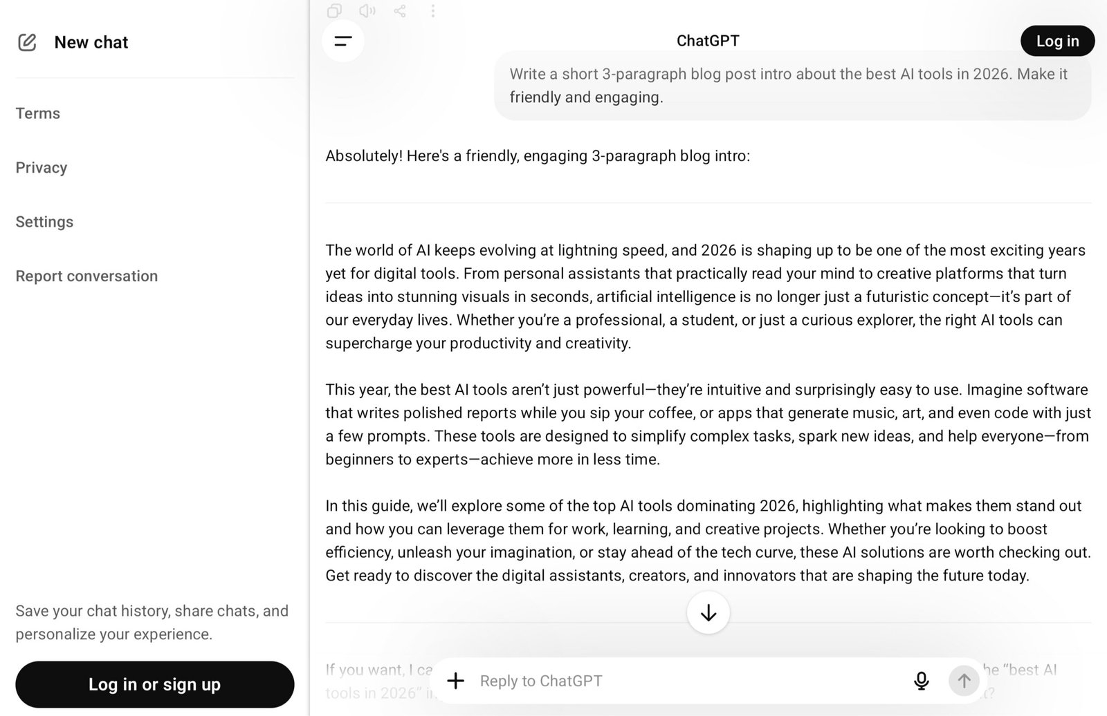 ChatGPT writing a polished blog post intro showing formatted quality output on the free plan