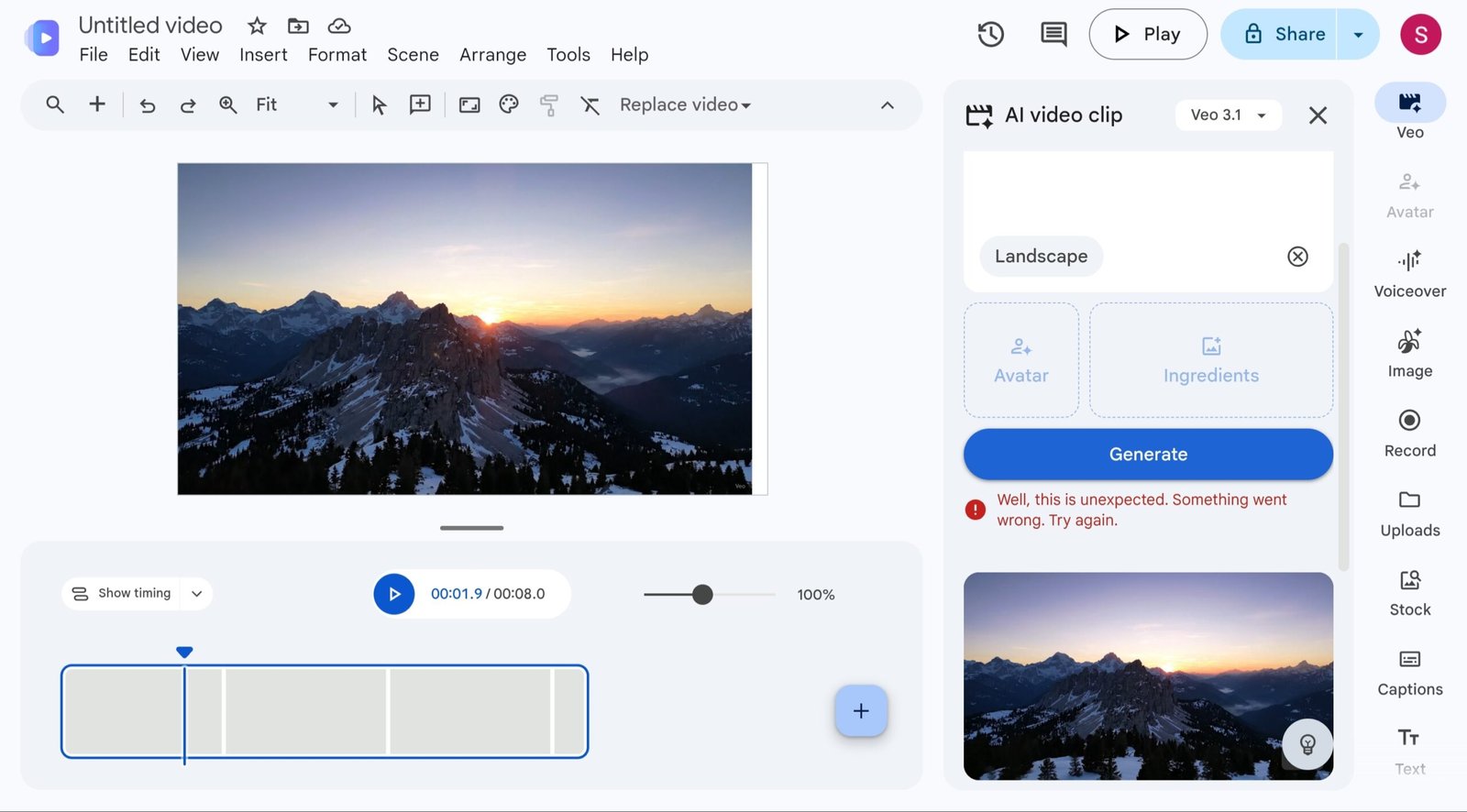 Google Flow interface at labs.google/flow showing Veo 3.1 model selector and prompt field