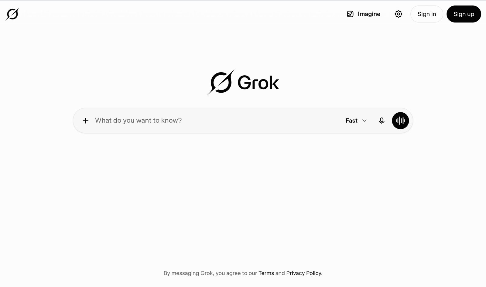 Grok AI homepage at grok.com showing the sign in and sign up buttons at the top right