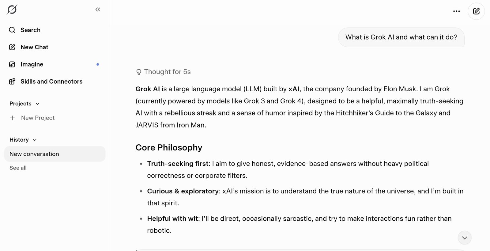 Grok AI answering the question what is Grok AI in the free chat interface showing a detailed response