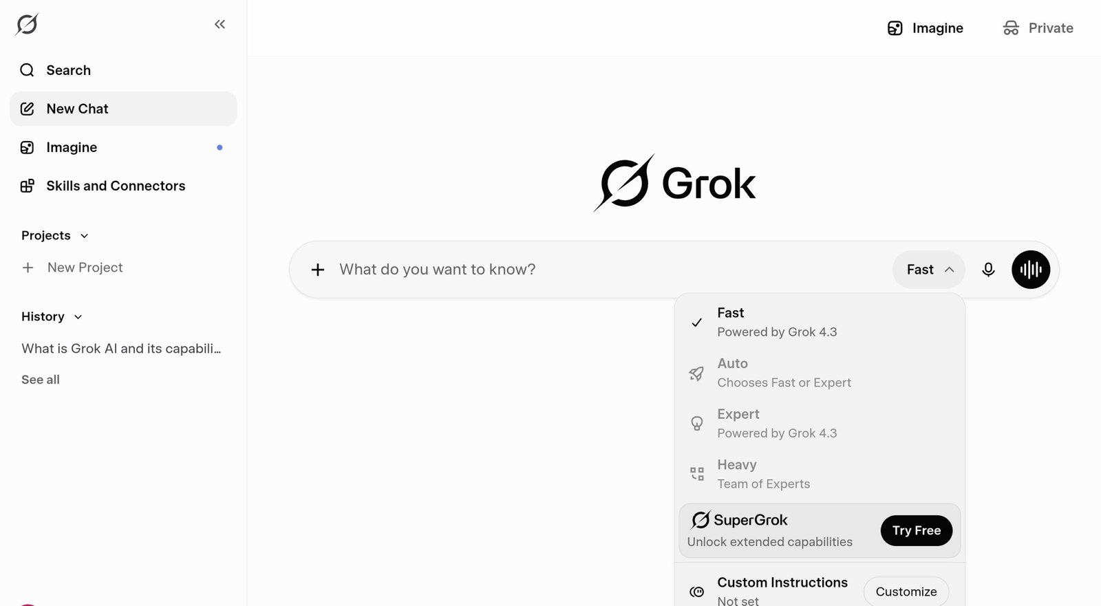 Grok AI mode selector showing Fast Auto Expert Heavy and SuperGrok options in the dropdown menu