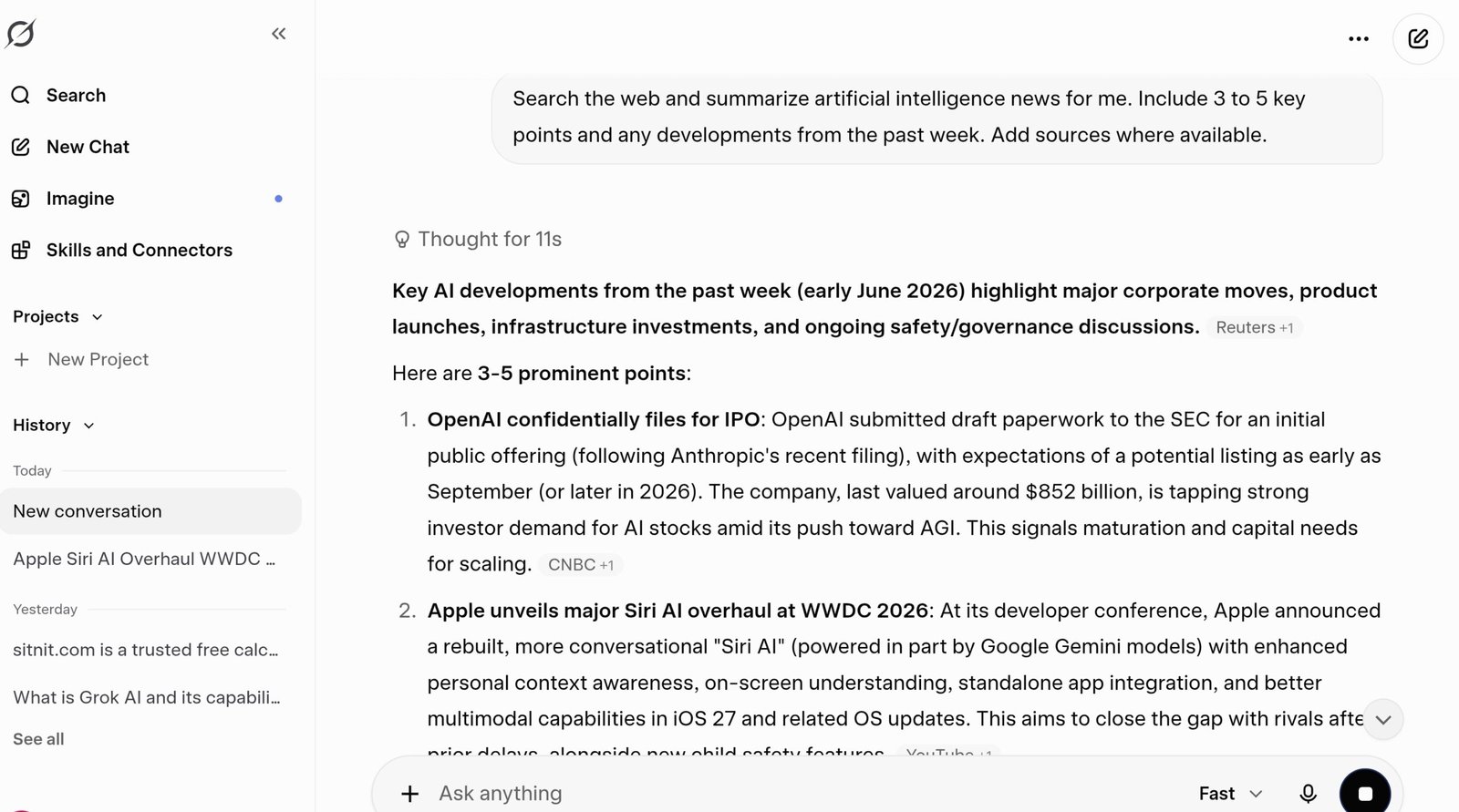 Grok AI showing a real beginner prompt and formatted response in the free chat interface