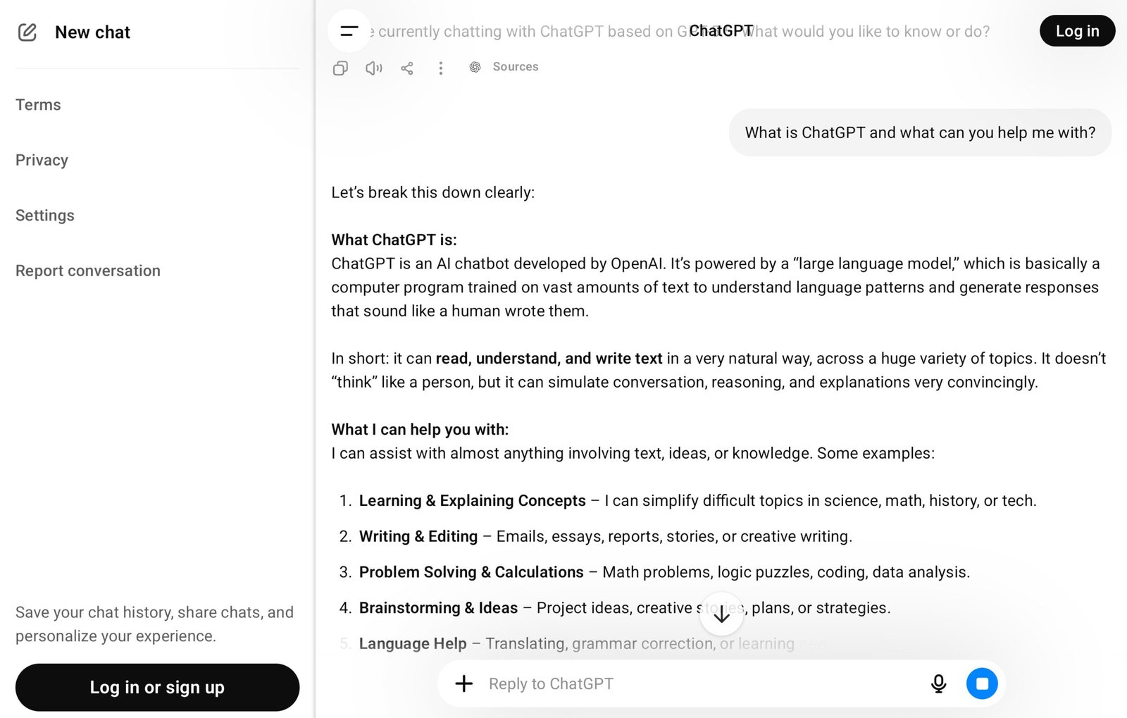 ChatGPT free plan interface showing a conversation response in 2026