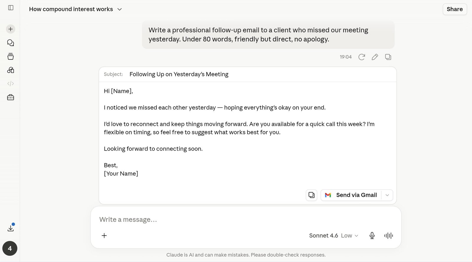 Claude AI chat showing a detailed, structured response to a specific beginner prompt in 2026