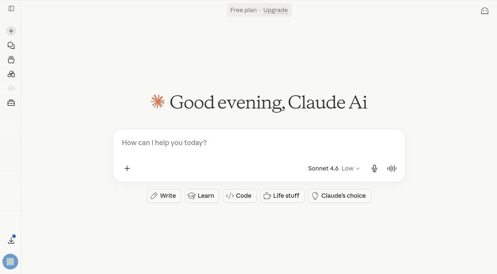 Claude AI homepage at claude.ai showing the chat interface and sign-in button in 2026