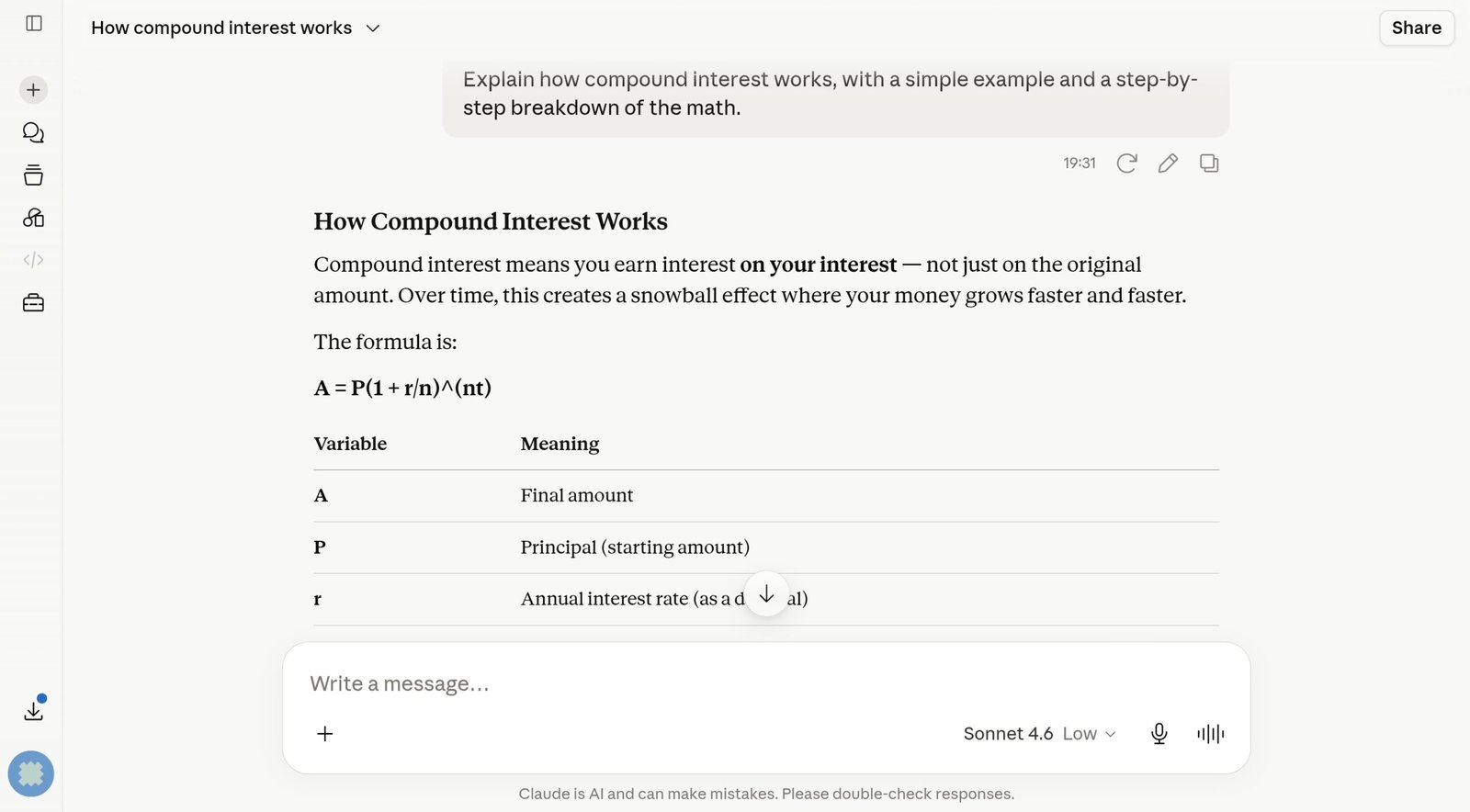 Claude AI chat interface showing a detailed, well-structured response to a prompt in 2026