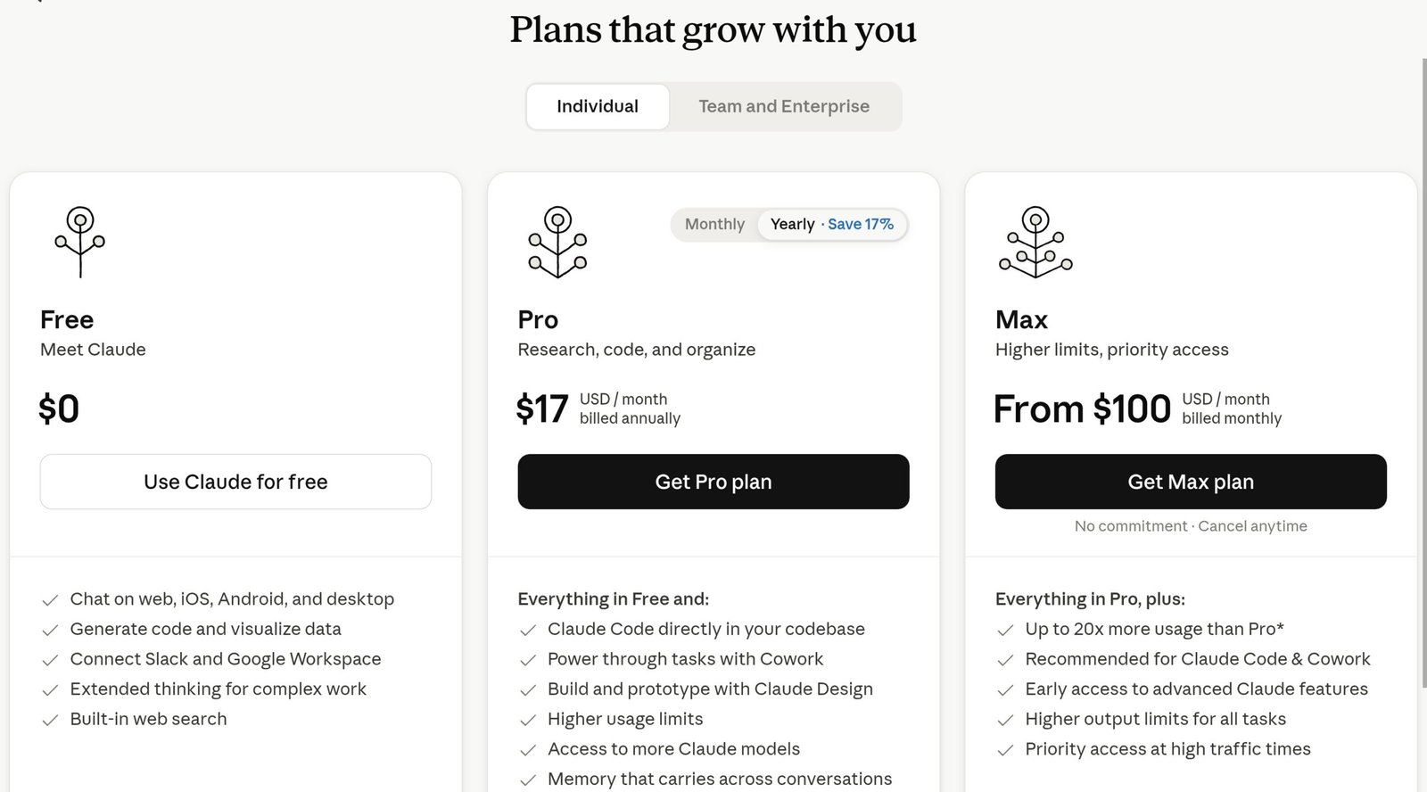 Claude AI pricing page at claude.ai/upgrade showing the free plan and Claude Pro at $20 per month with feature comparison in 2026