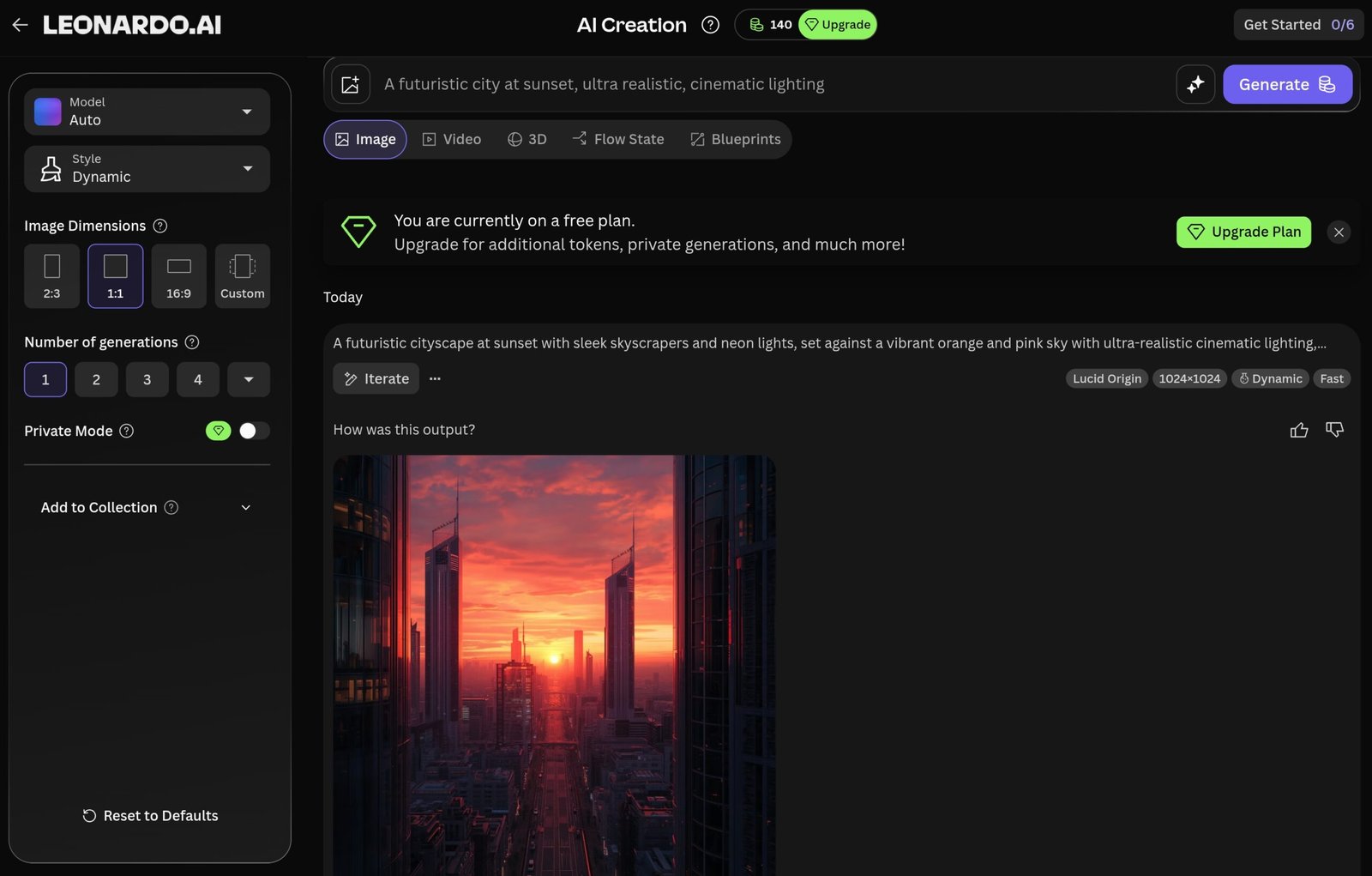 Leonardo AI Image Creation workspace showing the left settings panel, model selector, and prompt bar