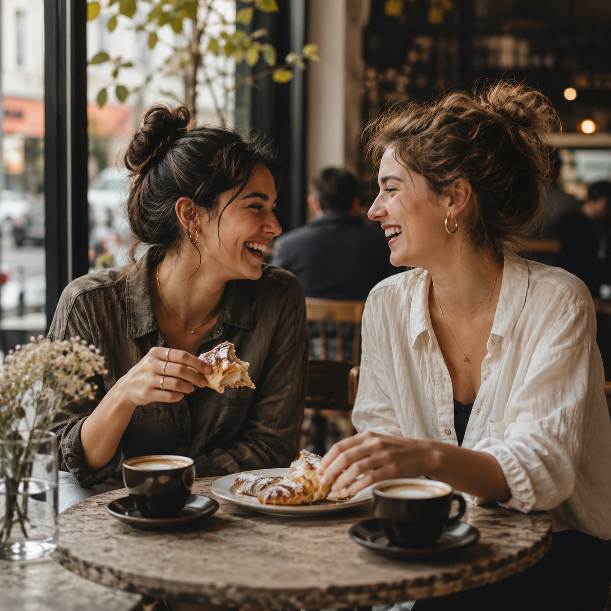 Midjourney vs Leonardo AI — two friends at cafe Midjourney result