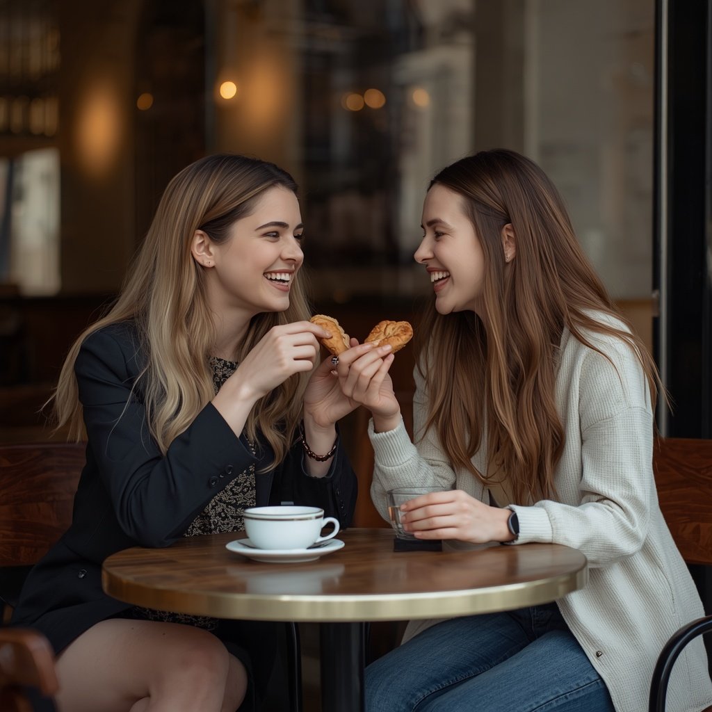 Midjourney vs Leonardo AI — two friends at cafe Leonardo AI result