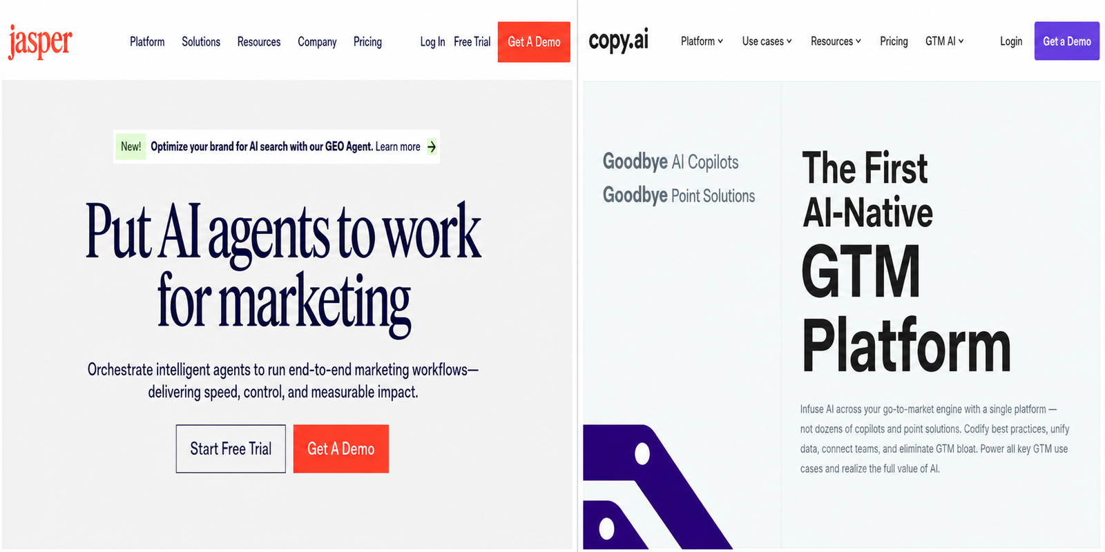 Jasper AI and Copy.ai logos side by side on a split blue and gray background