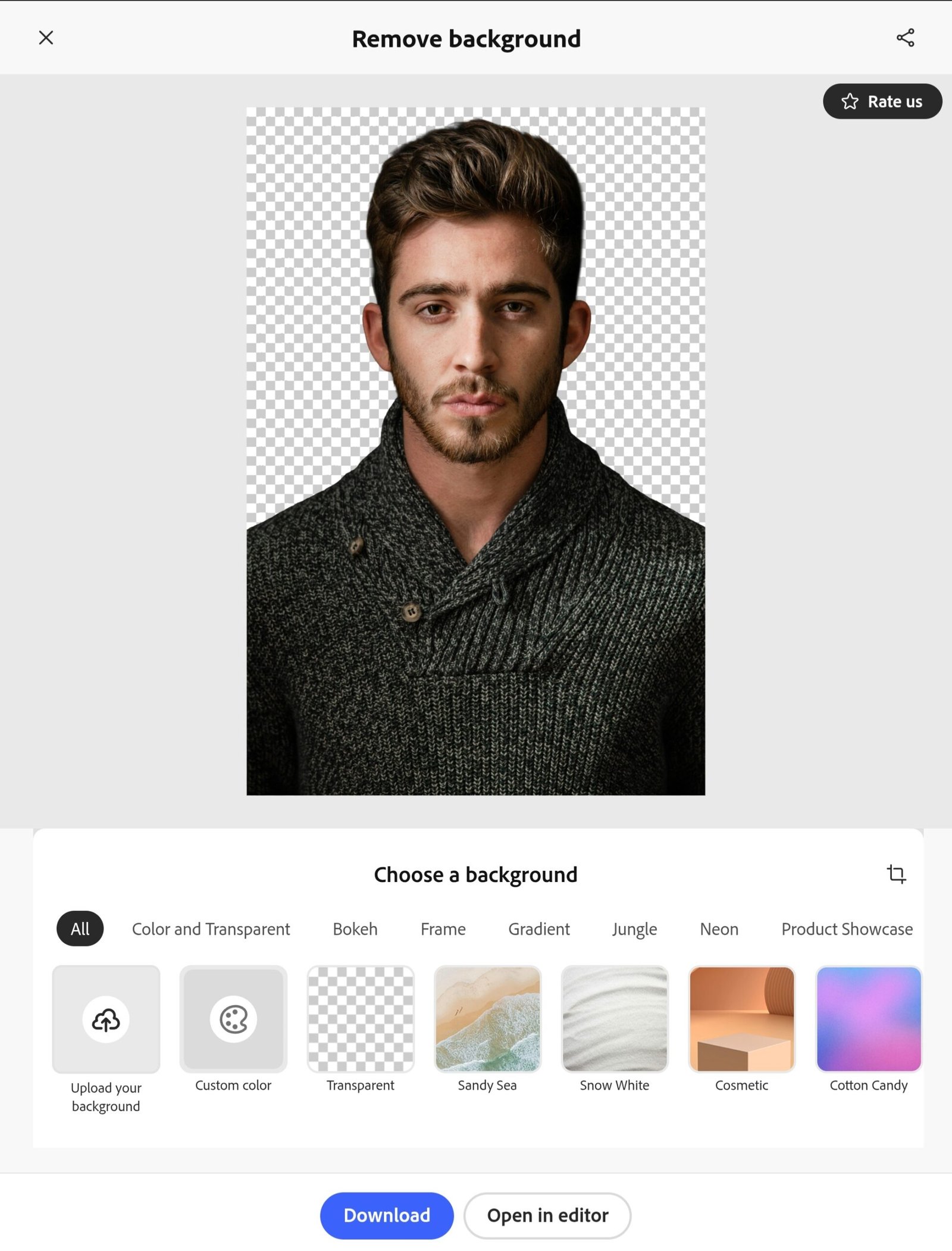 Adobe Express background removal result on a test portrait photo